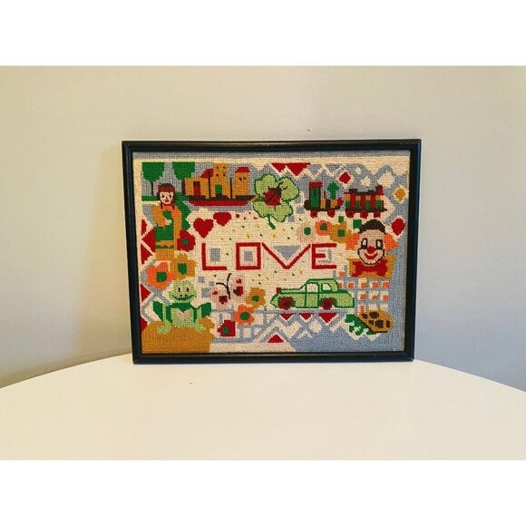 Vintage Needlepoint Embroidery Wall Hanging, Love Needlepoint Picture, Completed - Picture 2 of 10